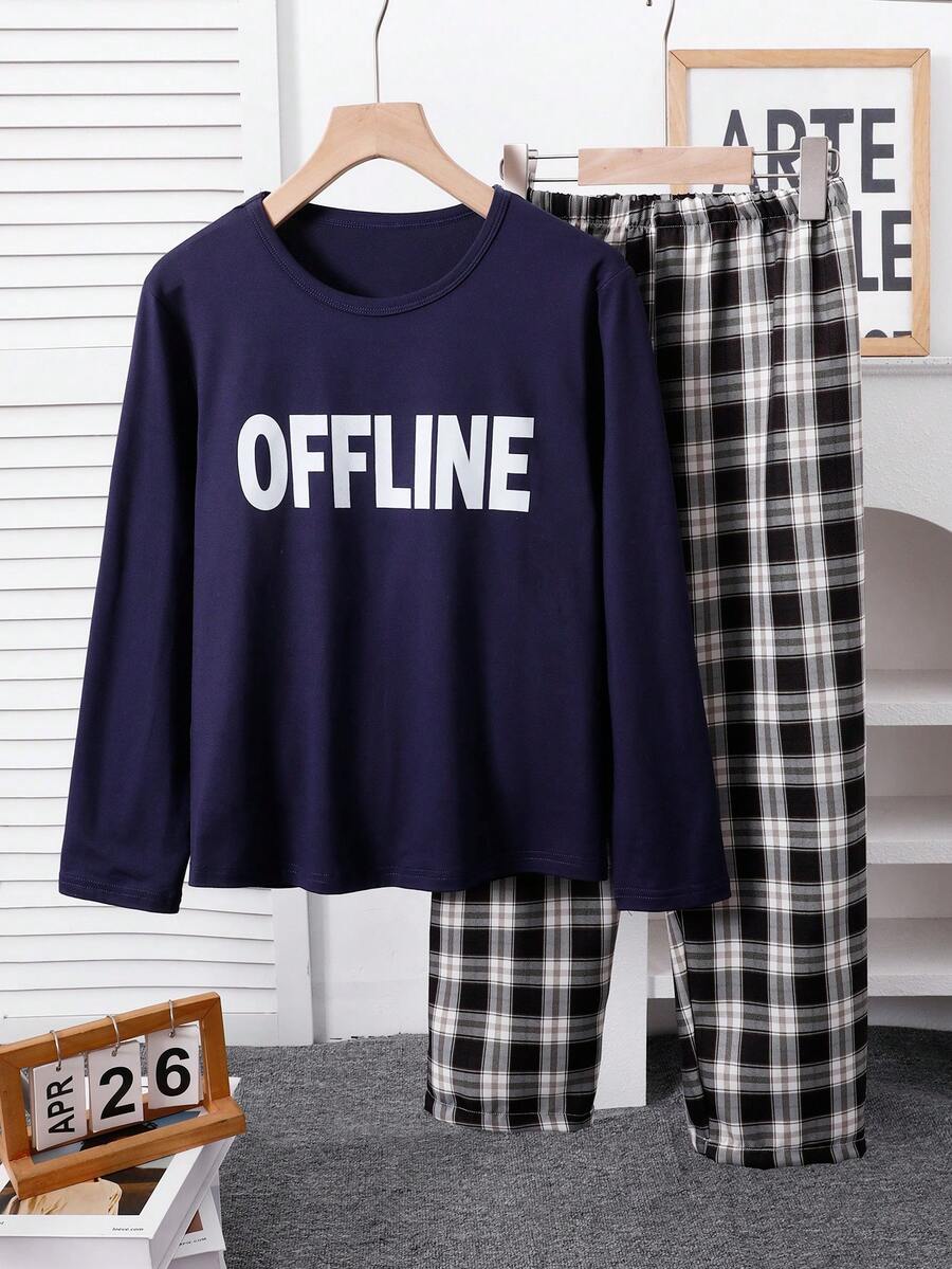 SHEIN Vintaside Kids 2件組男孩睡衣套裝 白色與藍色條紋長褲 白色字母印花圓領長袖長褲睡衣,透氣親膚柔軟材質,適合春秋穿著,也是最適合送給孩子的節日禮物 - 藏蓝色 - 查看 1