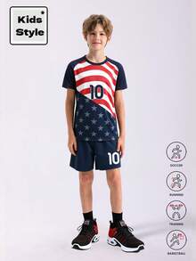 Tween Boy Digital Print Raglan Short Sleeve T-Shirt And Shorts Casual Set - Navy Blue - View 4
