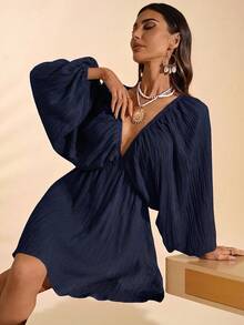 Travachic Solid Color Woven Loose V-Neck Long Sleeve Mini Dress For Women, Spring/Summer - Navy Blue - View 7