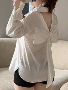 Dazy Plus Plus Size Sexy Hollow Back Bow Decor Loose Long Sleeve White Spring Autumn Blouse Summer - White - View 2
