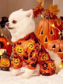 1pc Pet Cat Dog Universal Halloween Cartoon Pattern Pumpkin Cat Print Cute Knitted Elastic Comfortable Dog Jumpsuit Pajamas, PETSIN Original Design - Multicolor - View 5