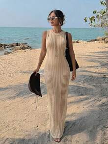 Livesso Women's Solid Color Hollow Knit Beach Cover-Up Dress - Beige - View 1