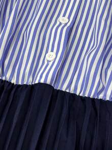 GlowEve CURVE Plus Size Long Sleeve Striped A-Line Dress With Collar, Button Front, Pleated Waist, Simple Elegant Style - Blue - View 4
