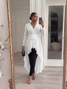 SHEIN Lady CURVE 大尺碼優雅純色蕾絲拼接不對稱下擺襯衫 - 白色 - 查看 1