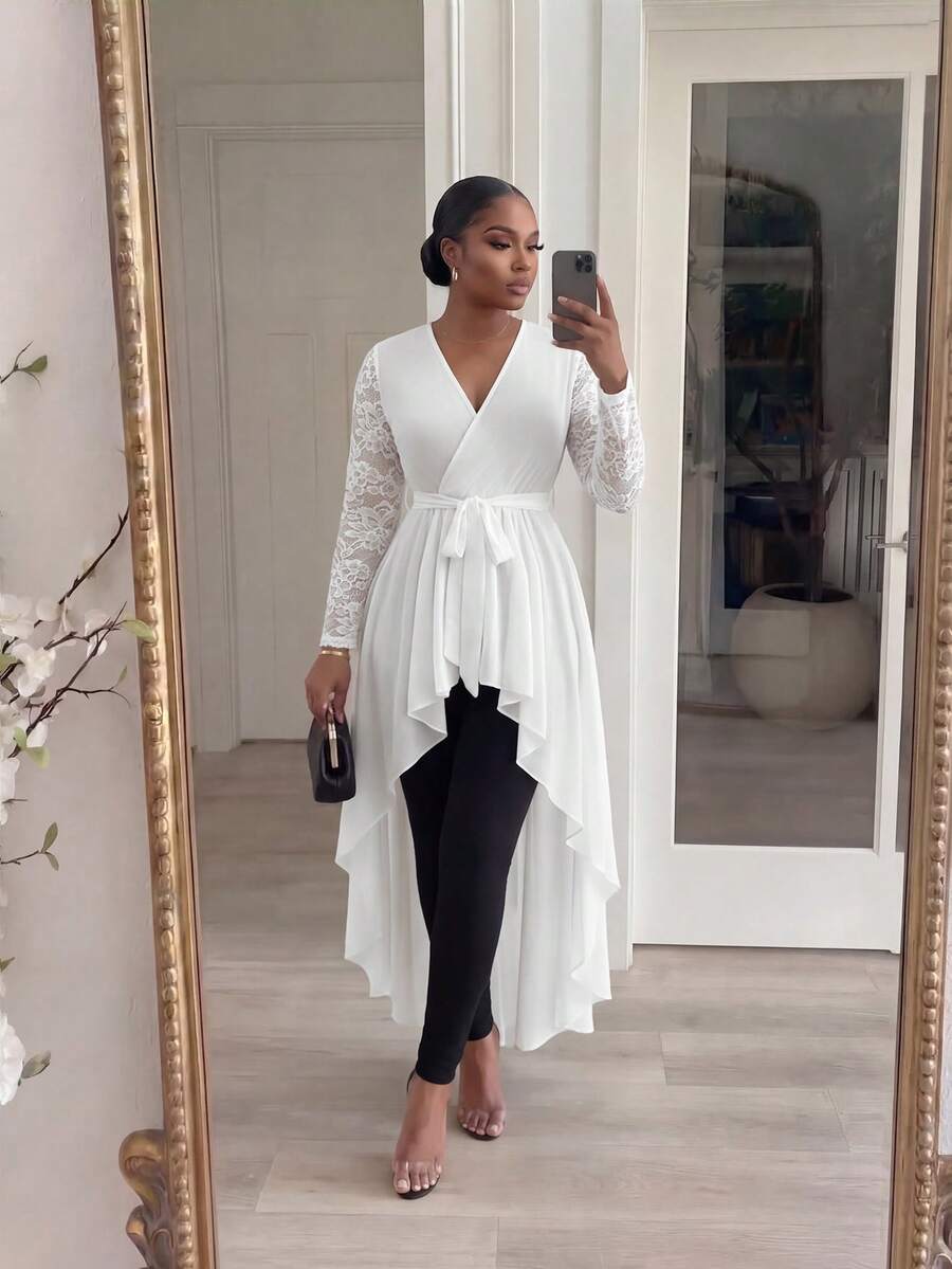 SHEIN Lady CURVE 大尺碼優雅純色蕾絲拼接不對稱下擺襯衫 - 白色 - 查看 1