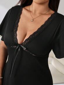 Solflare Black Casual Elegant Plus Size Women's Contrast Lace Bow Decor Short Sleeve Dress Evening Summer - Black - View 6