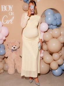 Loomaby Elegant Maternity Solid Color Party Photoshoot Dress, Gender Reveal Dress, Baby Shower Dress, Wedding, Birthday Autumn Allover White - Yellow - View 8