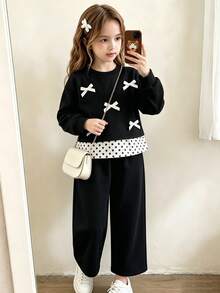 SHEIN Young Girl Korean Style Energetic Loose Black Sweatshirt 2 In 1 Bowknot Pattern 2-Piece Set - Black - View 3