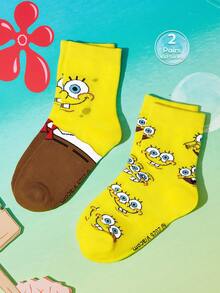 SpongeBob SquarePants | SHEIN 2雙純棉可愛卡通圖案兒童中筒襪，男女通用，襪跟加強耐磨 - 黃色 - 查看 3