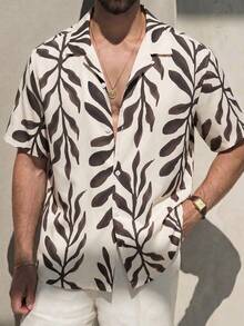Manfinity Dauomo Men's Vacation Floral Print Short Sleeve Single-Breasted Shirt Holiday Vacation Black And White Leopard Print Summer Tropical - Apricot - View 4