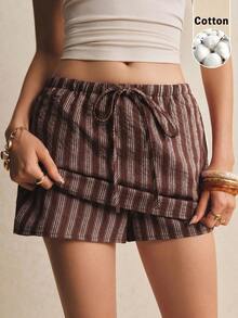 Poéselle 女款極簡條紋拼色抽繩腰口袋裙褲 - 咖啡棕 - 查看 2