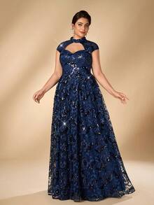 Serin Luxury Plus Size Elegant Glamorous Navy Blue Sequin Embroidered Hollow Out Stand Collar Cap Sleeve A-Line Formal Maxi Dress - Navy Blue - View 5