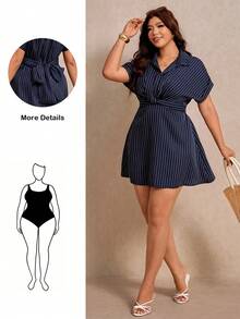 Elaquor Plus Size Summer Casual Tropical Elegant Flapper 1920s Navy Blue Twist Knot Dress Office Formal Brunch Evening Business Women Going Out - Multicolor - View 2