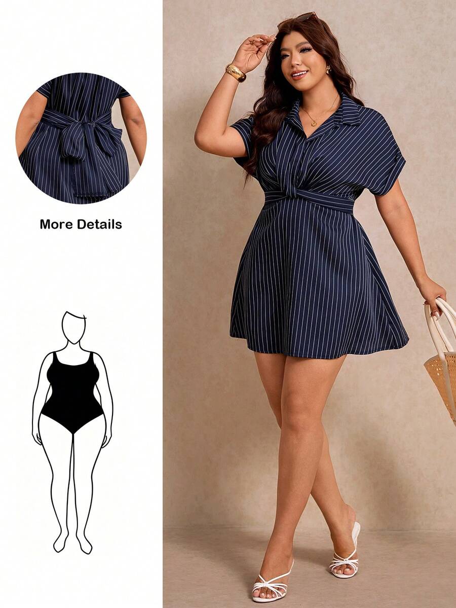 Elaquor Plus Size Summer Casual Tropical Elegant Flapper 1920s Navy Blue Twist Knot Dress Office Formal Brunch Evening Business Women Going Out