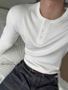 DAZY Men's White Ribbed Fabric Long Sleeve Crew Neck Half-Button Solid Color T-Shirt - White - View 7