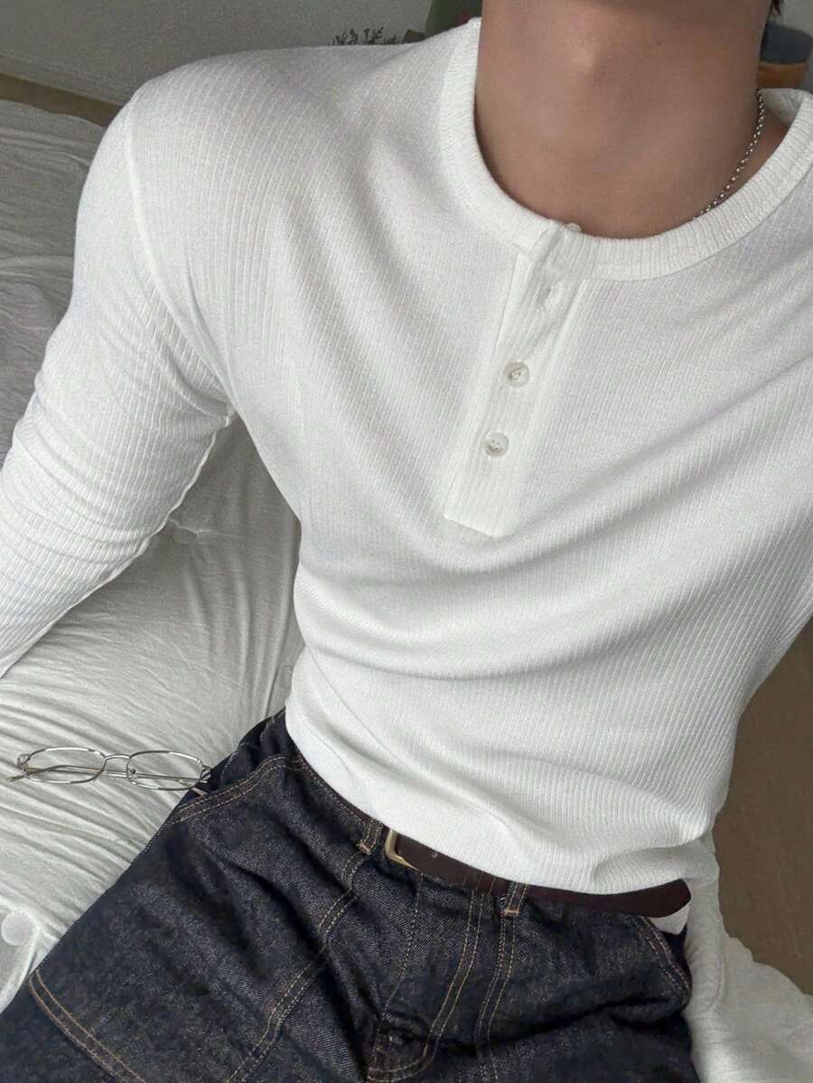 DAZY Men's White Ribbed Fabric Long Sleeve Crew Neck Half-Button Solid Color T-Shirt - White - View 1