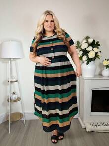 Hourglow SHEINLUNE Damen Große Größen gestreiftes Kurzarm Strick Lässig Kleid, Urlaubsoutfits Frau, Bescheidene Kleider für Frauen, für Sanduhr-Körperform elegant - Grün - Übersicht 6