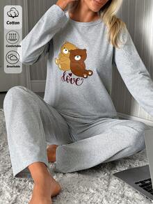 SHEIN 大尺碼女款純棉白色可愛熊印花上衣與灰色長褲睡衣套裝 - 彩色 - 查看 4