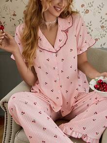 CottageSlumber Cherry Plaid Print Sweet Frill Trim Small Collar Button-Front Short Sleeve Women's Pajama Set - Pink - View 1