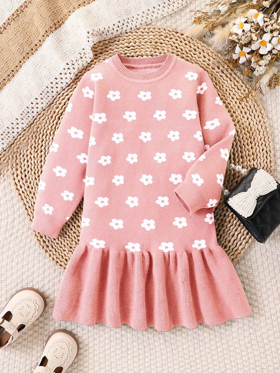 SHEIN Playful Pals 女童毛衣洋裝,時尚可愛圓領標準版型卡通花卉提花針織洋裝,柔軟舒適,適合春秋冬季,適合日常穿著、外出、旅行、度假、居家與托兒所,適合兒童玩耍 - 粉色 - 查看 1