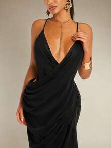 Silquee Women's Solid Color Sexy Spaghetti Strap Dress With Metal Back Decoration - Black - View 4