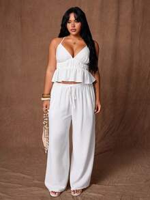 Rustia Women's Plus Size White Linen 2-Piece Set, V-Neck Camisole With Open Back, Cinched Waist And Ruffle Hem, Straight Leg Pants With Pockets, Casual Minimalist Daily Outfit For Vacation, Beach, Strolling, Shopping, Dating And Commuting - White - View 1