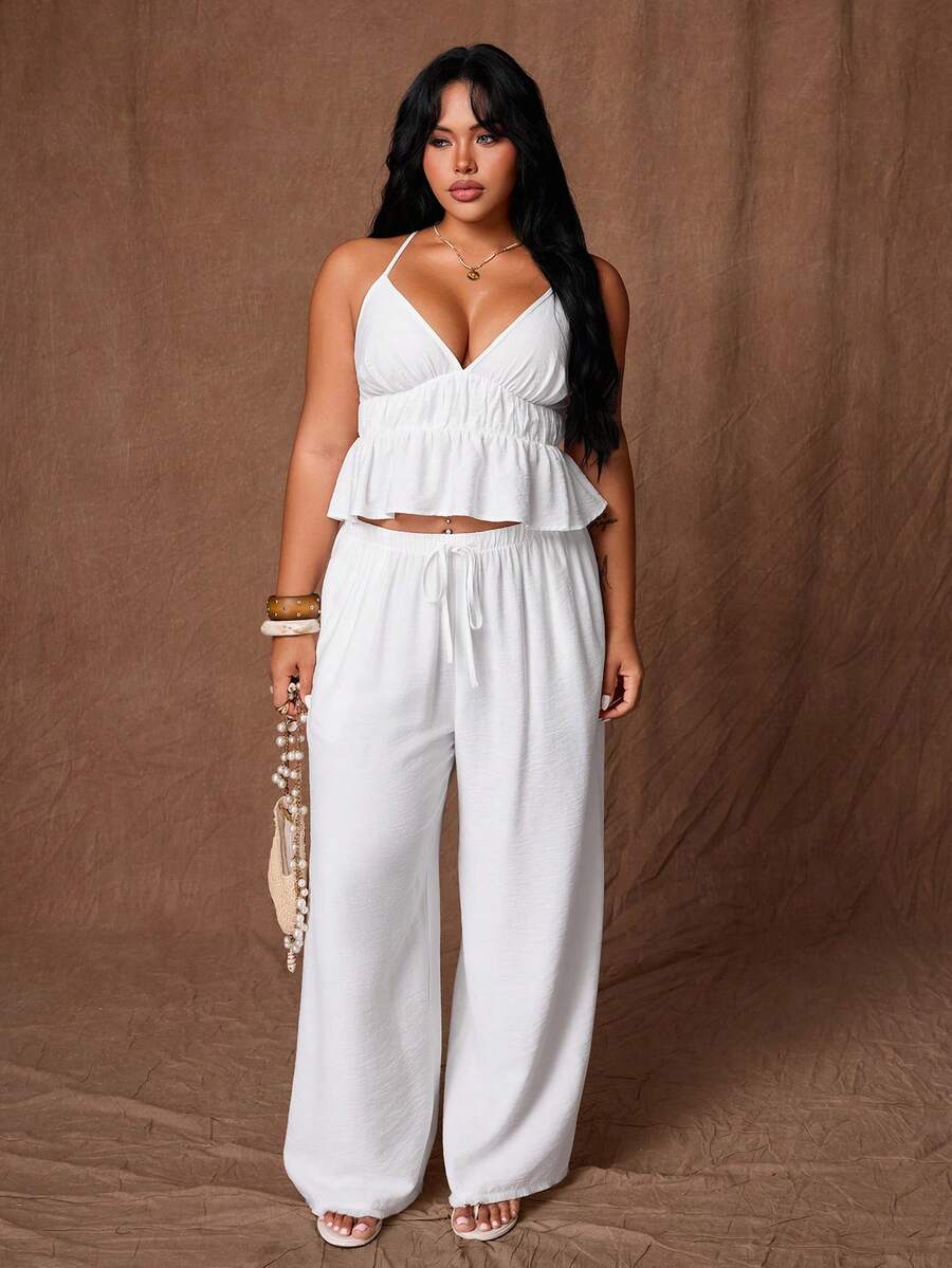 Rustia Women's Plus Size White Linen 2-Piece Set, V-Neck Camisole With Open Back, Cinched Waist And Ruffle Hem, Straight Leg Pants With Pockets, Casual Minimalist Daily Outfit For Vacation, Beach, Strolling, Shopping, Dating And Commuting - White - View 1
