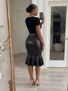 SHEIN Lady CURVE 大尺碼時尚通勤魚尾裙 秋季 - 黑色 - 查看 2