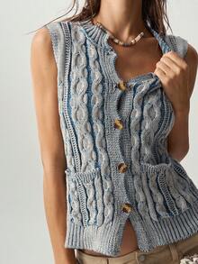 Bohemela Vintage Twisted Rope Mixed Color Knit Vest - Blue and White - View 5