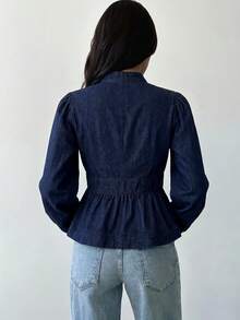 Firerie Women's Notch V-Neck Long Sleeve Button Design Ruffle Hem Denim Top Fall/Winter Elegant Casual Y2k Chic Basic Festival Back To School Going Out Ruffle - Blue - View 7