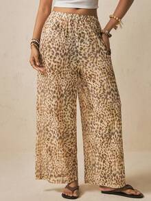 Freevana Celana Panjang Gaya Liburan Pantai Boho Seksi Motif Leopard dengan Tali Serut dan Potongan Lebar, Model Longgar dan Menutupi Tubuh - MultiWarna - View 1