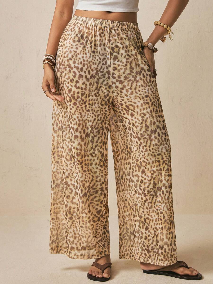 Freevana Celana Panjang Gaya Liburan Pantai Boho Seksi Motif Leopard dengan Tali Serut dan Potongan Lebar, Model Longgar dan Menutupi Tubuh - MultiWarna - View 1
