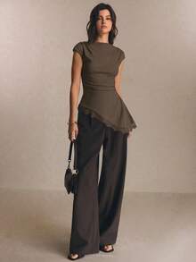 Poéselle Women's Summer Elegant Commute Lace Patchwork Asymmetric Hem Top Office Coffee Brown - Brown - View 2