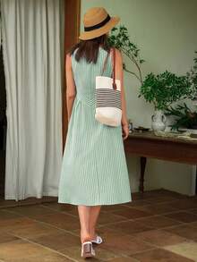 Dayvera Women's Summer Casual Striped Sleeveless Dress,Elegant Casual Dress,Green And White Striped/White Striped Medium-Length Dress Vacation - Gray green - View 2