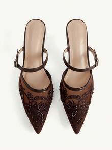 CUCCOO CHICEST Women Shoe Spring And Summer New Models, Mesh Embroidery Pointed Mueller Sandals, Buckle Thin Heels And Half-Drag High Heels, Retro Light And Familiar - Brown - View 2
