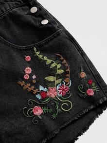 ROMWE Fairycore 大尺碼女款花卉刺繡毛邊時尚牛仔連身褲 - 黑色 - 查看 6
