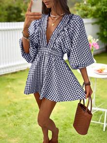 KARISMINA Woven Plaid V-Neck Puff Short Sleeve Women's Jumpsuit - Navy Blue - View 6