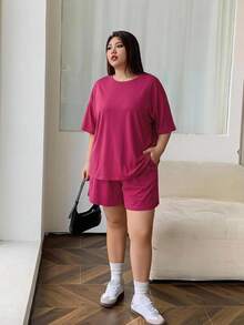 Dazy Plus Solid Color Knit Round Neck Top And Shorts Loungewear Pajama Set - Hot Pink - View 5
