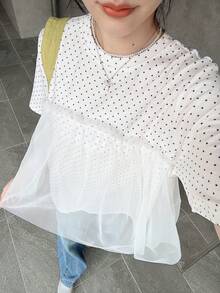 FRIFUL 女款圓領寬鬆版型 2 合 1 透視網布拼接寬下擺素色 T 恤 夏季 - 米色 - 查看 8