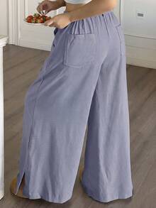 SHEIN PETITE CURVE 大尺碼女款純色鈕扣休閒百搭寬腿褲，適合日常穿著 - 淡紫色 - 查看 2