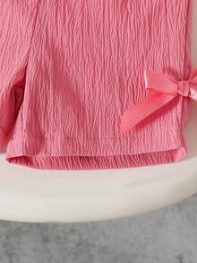 SHEIN Playful Pals 女嬰夏季藍色套裝 紋理無袖上衣搭配藍色格紋短褲 飾有藍色蝴蝶結 日常外出必備 - 粉色 - 查看 8
