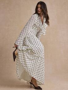 Enchnt Premium Otoño Romántico Vintage Vestido Elegante de Mujer con Estampado de Lunares Blancos y Negros, Cuello con Volantes, Atuendos Sociales, Ropa de Viaje, Ropa Formal - Blanco - Ver 3