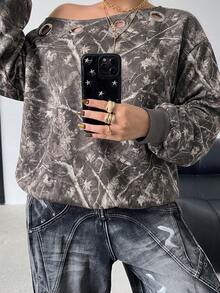 POPSWAY Plus Size Women's Asymmetrical Shoulder Sweatshirt With Metal Ring Eyelet Detail, Casual Anti Social Streetwear Autumn/Winter Jacket Grey - Multicolor - View 5