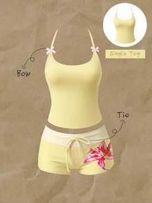 Elavelle Conjunto de bikini para mujer con estampado aleatorio, cuello halter y decoración de lazo, primavera/verano - Amarillo - Ver 1