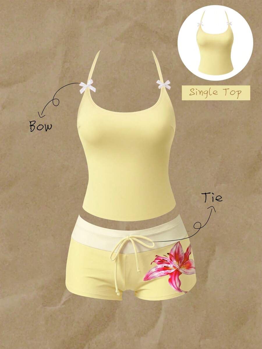 Elavelle Conjunto de bikini para mujer con estampado aleatorio, cuello halter y decoración de lazo, primavera/verano - Amarillo - Ver 1