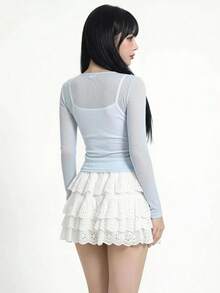Sweetina 女款修身透視仿針織上衣 - 淺藍色 - 查看 2