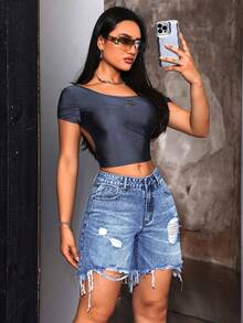 SHEIN ICON 大尺碼女款休閒日常牛仔短褲，附口袋、鈕扣與破洞設計 - 中等水洗藍 - 查看 6