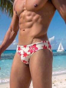 Manfinity Swimmode 男士花卉印花三角泳褲泳褲底褲，適合夏季度假海灘 - 彩色 - 查看 3