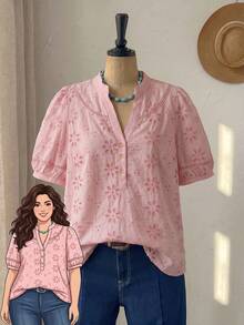 Rusticease Plus Size Women's Spring Casual Vacation Floral Embroidered Pattern Shirt - Pink - View 1