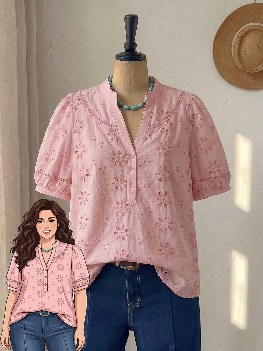 Rusticease Plus Size Women's Spring Casual Vacation Floral Embroidered Pattern Shirt - Pink - View 1